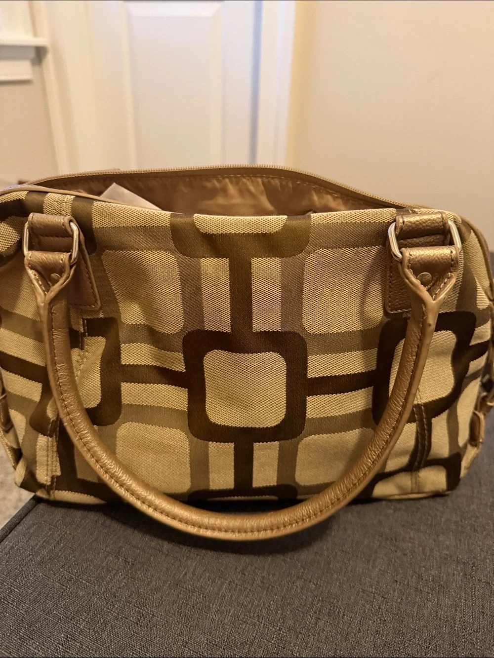 Nine West Beige and Brown Geometric Satchel